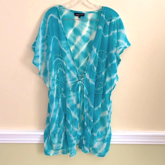 SPIAGGIA DOLCE Teal Tie Dyed Beaded Swim Cover Up NWOT - Picture 1 of 11